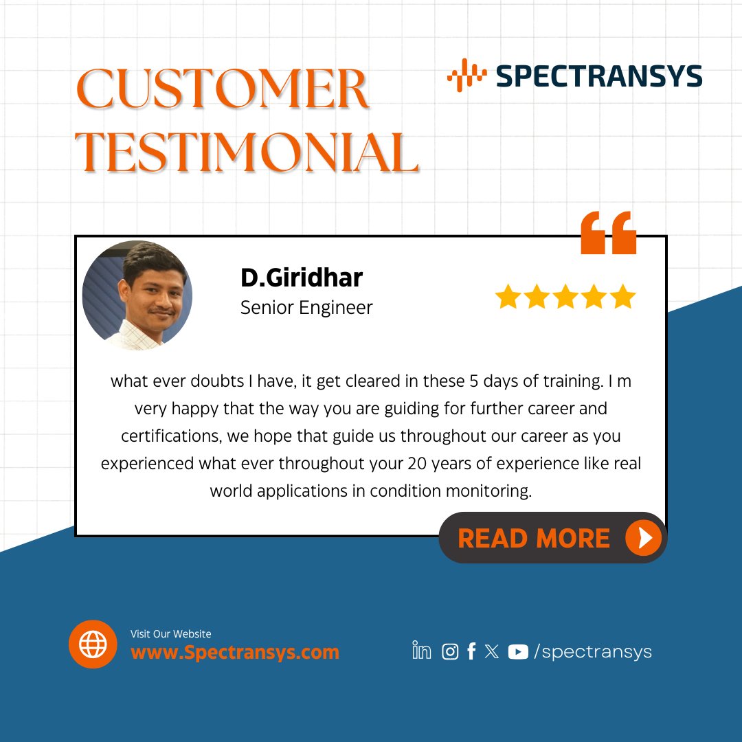 spectransys's tweet image. We’re thrilled to receive such amazing feedback from our participants! 🎉 Your trust in SPECTRANSYS and our Condition Monitoring &amp;amp; Reliability Trainings motivates us to keep delivering excellence.
#Spectransys #TrainingExcellence #Reliability #ConditionMonitoring