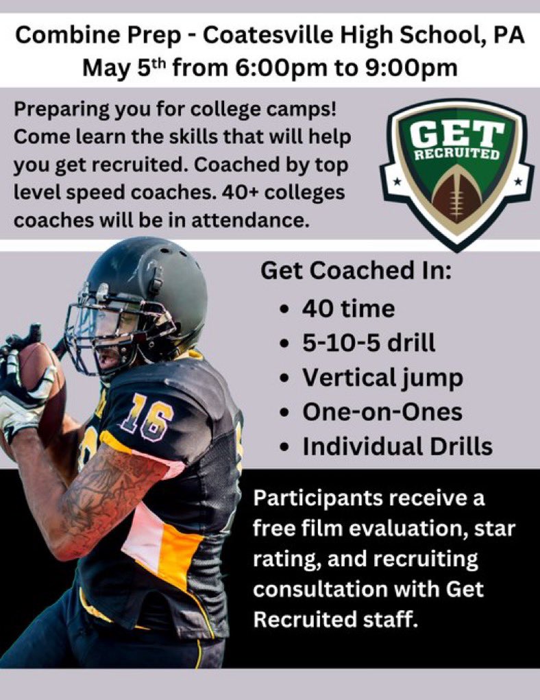 Get Recruited (@get__recruited) on Twitter photo Attend our Camp/ Testing Prep and Football recruiting showcase in front of great colleges May 5 at Coatesville HS in PA. Signup in link below and get a Free star rating as well!
getrecruitedconsulting.com/coatesville-paโฆ
<a href="/1of1LifeSkills/">1-of-1 Consulting</a>
<a href="/GRCnational/">GRCnational</a>
<a href="/BadgleyBruce/">Bruce Badgley</a>
<a href="/BuckGrc/">Karl Buckwalter</a>
<a href="/GoMVB/">GoMVB Sports - Recruit Content for College Coaches</a> Attend our Camp/ Testing Prep and Football recruiting showcase in front of great colleges May 5 at Coatesville HS in PA. Signup in link below and get a Free star rating as well!
getrecruitedconsulting.com/coatesville-paโฆ
<a href="/1of1LifeSkills/">1-of-1 Consulting</a>
<a href="/GRCnational/">GRCnational</a>
<a href="/BadgleyBruce/">Bruce Badgley</a>
<a href="/BuckGrc/">Karl Buckwalter</a>
<a href="/GoMVB/">GoMVB Sports - Recruit Content for College Coaches</a>