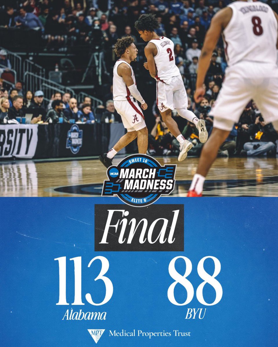 BamaHistory's tweet photo. Unbelievable. A school record, NCAA record and SEC record 25 made three-pointers by @AlabamaMBB. Elite Eight back-to-back years for the first time ever. This IS Alabama basketball. https://t.co/eQjTJeJq14