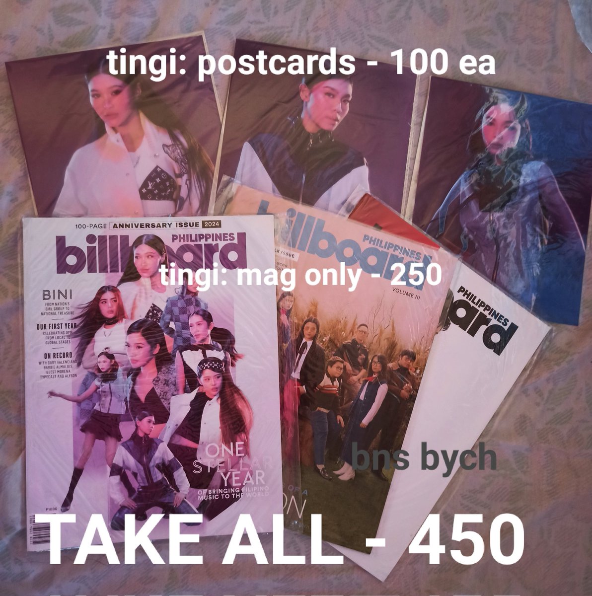 BNS_ByCH's tweet photo. WTS/LFB QUITTING SALE THREAD

Billboard PH Mag with Jhoanna, Stacey, and Gwen Photoprints - 450

Magazine Only - 250
Postcards Only - 100 eqch

—Shipping Fee via JNT is 89
—Prices are non-negotiable.

Tags: bini aiah colet Maloi gwen staku mikha jhoanna sheena ot8 ph merch sale https://t.co/92tocwzV1L