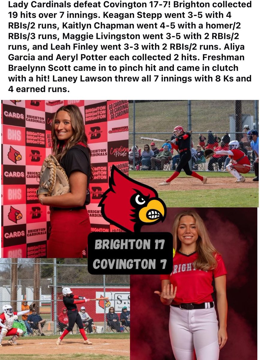Brighton 17 - Covington 7 🥎🥎 Nice job, Lady Cards! <a href="/wendellsjr_/">Wendell Shepherd</a> <a href="/johnvarlas/">John Varlas</a> <a href="/BrightonCards/">BrightonAthletics</a>