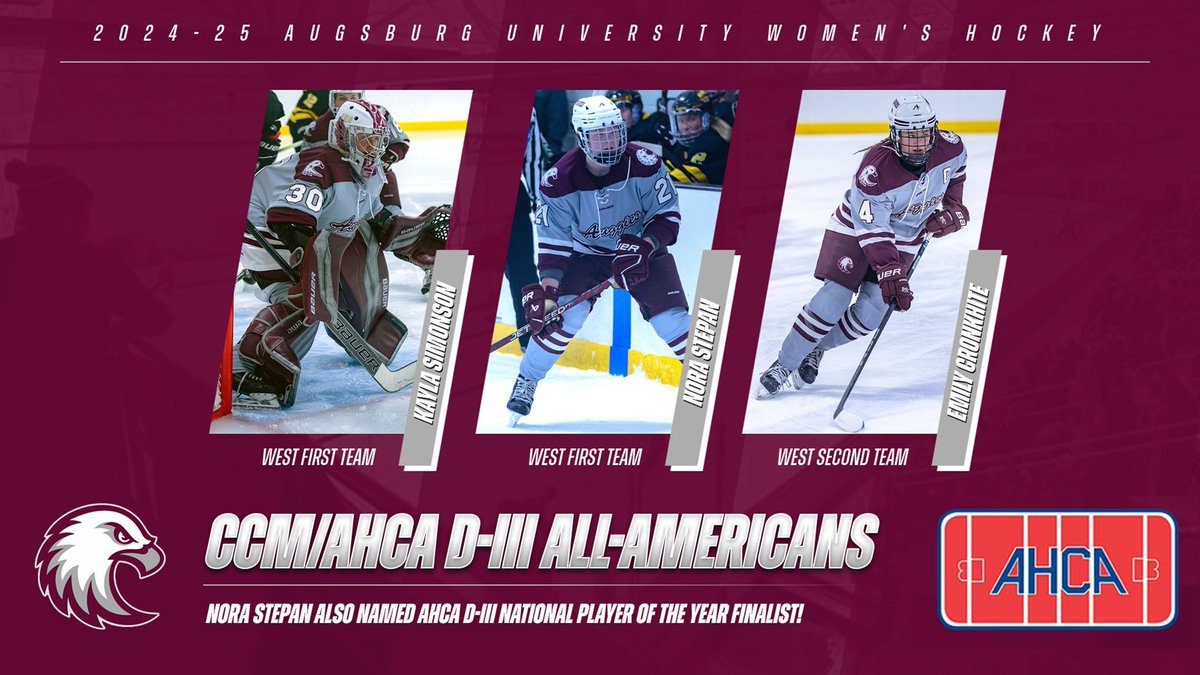 AugsburgAuggies's tweet photo. WOMEN'S HOCKEY - Congratulations to Augsburg's Nora Stepan (1st tm), Kayla Simonson (1st tm) and Emily Cronkhite (2nd team), named as CCM/AHCA Division III All-Americans! 

Story: https://t.co/QDvqmawTIw
#d3hky #AuggiePride @AHCAHockey https://t.co/H1ADVzl9vW