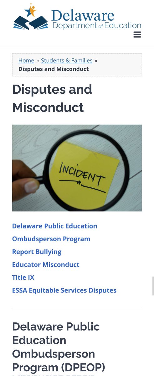SchoolingDel's tweet photo. 🚨Delaware Families🚨
Did you know....

The Delaware Public Education Ombudsperson Program (DPEOP) assists students and families who have been unable to resolve non-legal disputes with districts, charters and the Delaware Department of Education (DDOE).
https://t.co/aCzvO1LmQV https://t.co/xf1ZEjQTfw