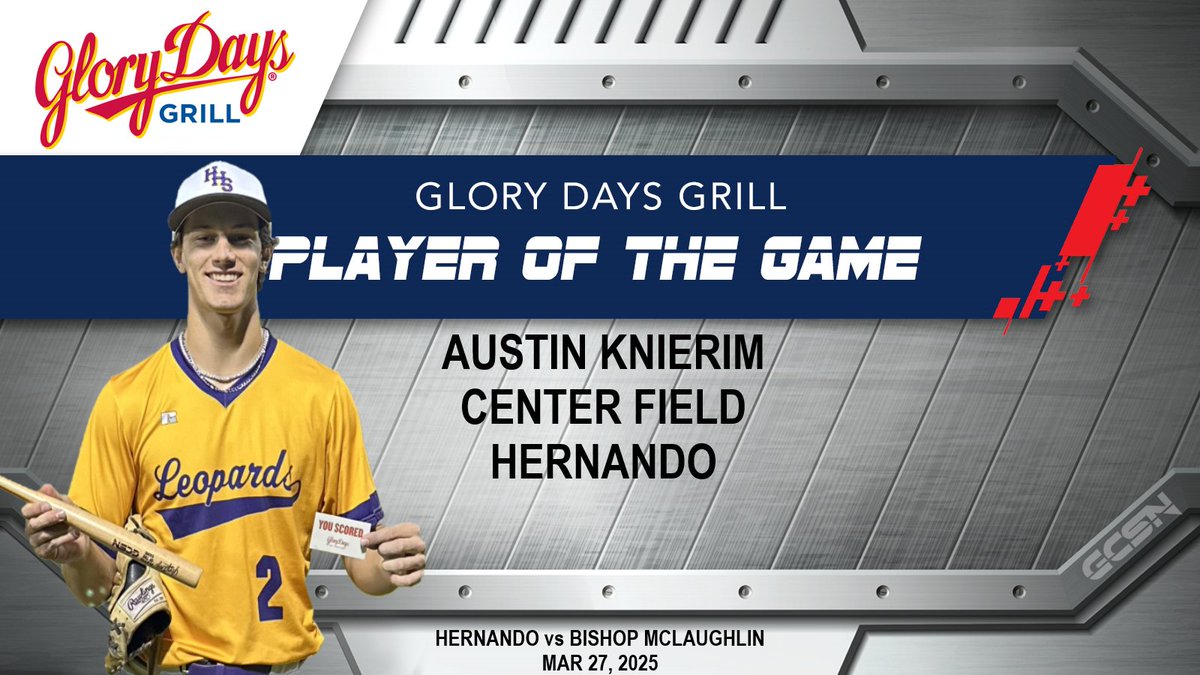 GulfCoastSportsNetwork (@gcsnbroadcasts) on Twitter photo Gulf Coast Sports Network would like to congratulate Austin Knierim for being named the Glory Days Player of the Game on our Mar 27, 2025 broadcast! Full replay on our YT channel! <a href="/AKBaseball34/">Austin Knierim</a> <a href="/leopardsath/">Hernando Athletics</a> <a href="/hernbaseball/">HERNANDO LEOPARDS BASEBALL</a> <a href="/HernandoCo_Ath/">Hernando School District Athletics</a> <a href="/Andy_Villamarzo/">Andy Villamarzo</a> @baseball #hsbaseball Gulf Coast Sports Network would like to congratulate Austin Knierim for being named the Glory Days Player of the Game on our Mar 27, 2025 broadcast! Full replay on our YT channel! <a href="/AKBaseball34/">Austin Knierim</a> <a href="/leopardsath/">Hernando Athletics</a> <a href="/hernbaseball/">HERNANDO LEOPARDS BASEBALL</a> <a href="/HernandoCo_Ath/">Hernando School District Athletics</a> <a href="/Andy_Villamarzo/">Andy Villamarzo</a> @baseball #hsbaseball