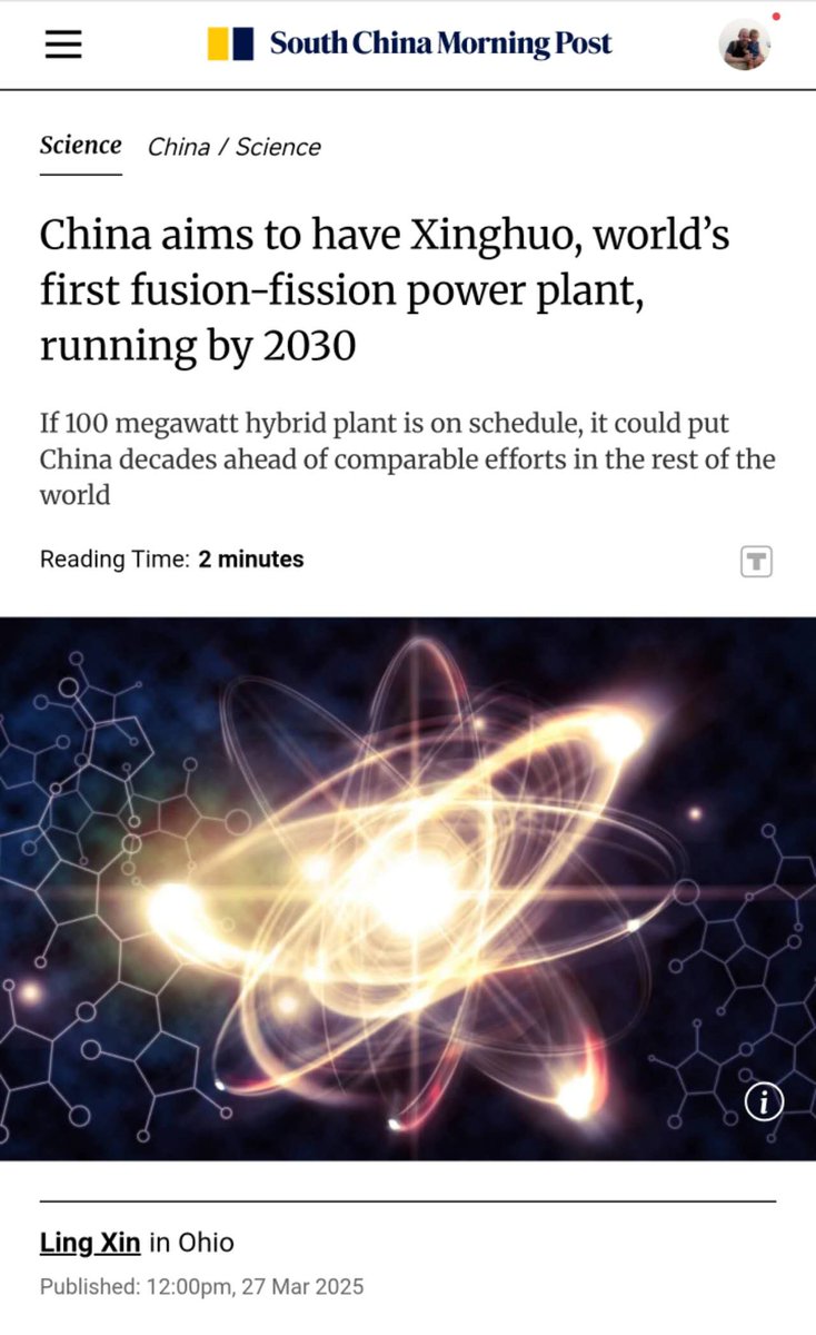This is big, and insanely ambitious: China now plans to have an operational fusion-fission nuclear power plant by 2030, in less than 5 years 👀

What's more, the "Q value" (simply put: how much energy you get out compared to what you put in) that the project aims for is more than