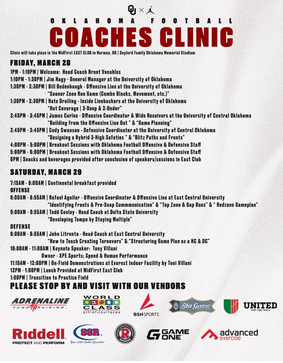OU High School Coaches Clinic starts tomorrow. Check in is from 12-1:00 at the MidFirst Club at Gaylord Family Stadium.