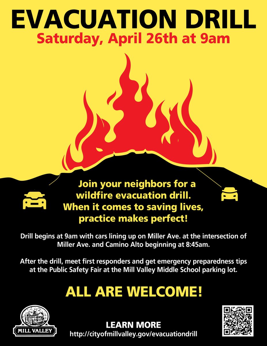 🚨 Mill Valley Evacuation Drill is Sat., April 26! 🚗
Register, participate, and attend the safety fair! And get a chance to win 🎶 MV Music Fest tix or 🎒 a Go Bag!
Learn more: cityofmillvalley.gov/EvacuationDrill