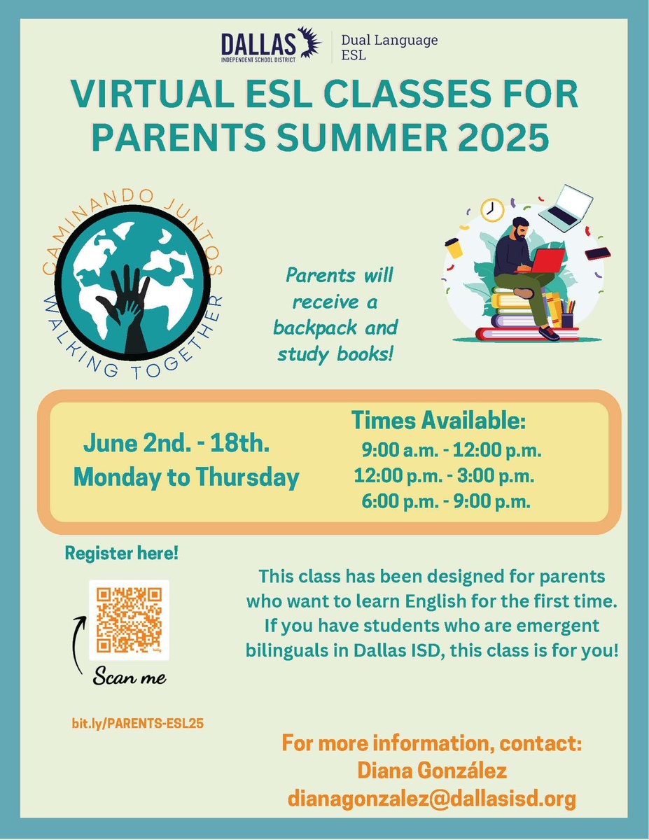 ED_Rivera_DISD's tweet image. ¿Padres de familia, listos para aprender ingles? Esta clase ha sido diseñada para los padres que desean aprender inglés por primera vez. Regístrese en bit.ly/4kJTzif?r=qr - Friends, please share with @dallasisdparent interested in learning English. Free clases!