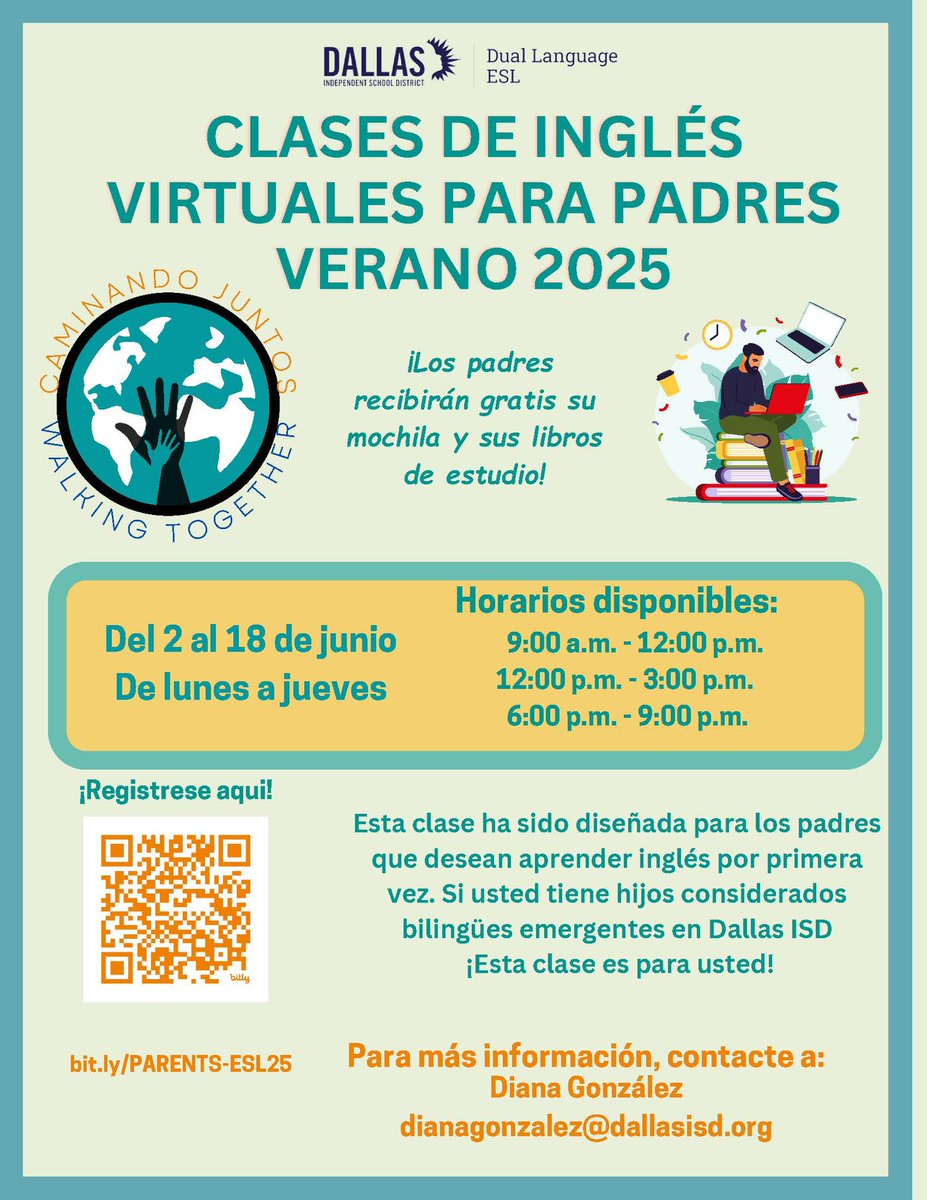 ED_Rivera_DISD's tweet image. ¿Padres de familia, listos para aprender ingles? Esta clase ha sido diseñada para los padres que desean aprender inglés por primera vez. Regístrese en bit.ly/4kJTzif?r=qr - Friends, please share with @dallasisdparent interested in learning English. Free clases!
