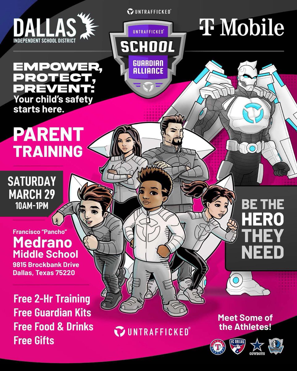 ED_Rivera_DISD's tweet image. Don’t forget ~ Your child’s safety is important to us! We’ve partnered up with Untrafficked and T-Mobile to bring a parent training and awareness event on Saturday, March 29, at Medrano Middle School, at 10 am. The event is free. Be empowered and be their hero! @dallasisdparent