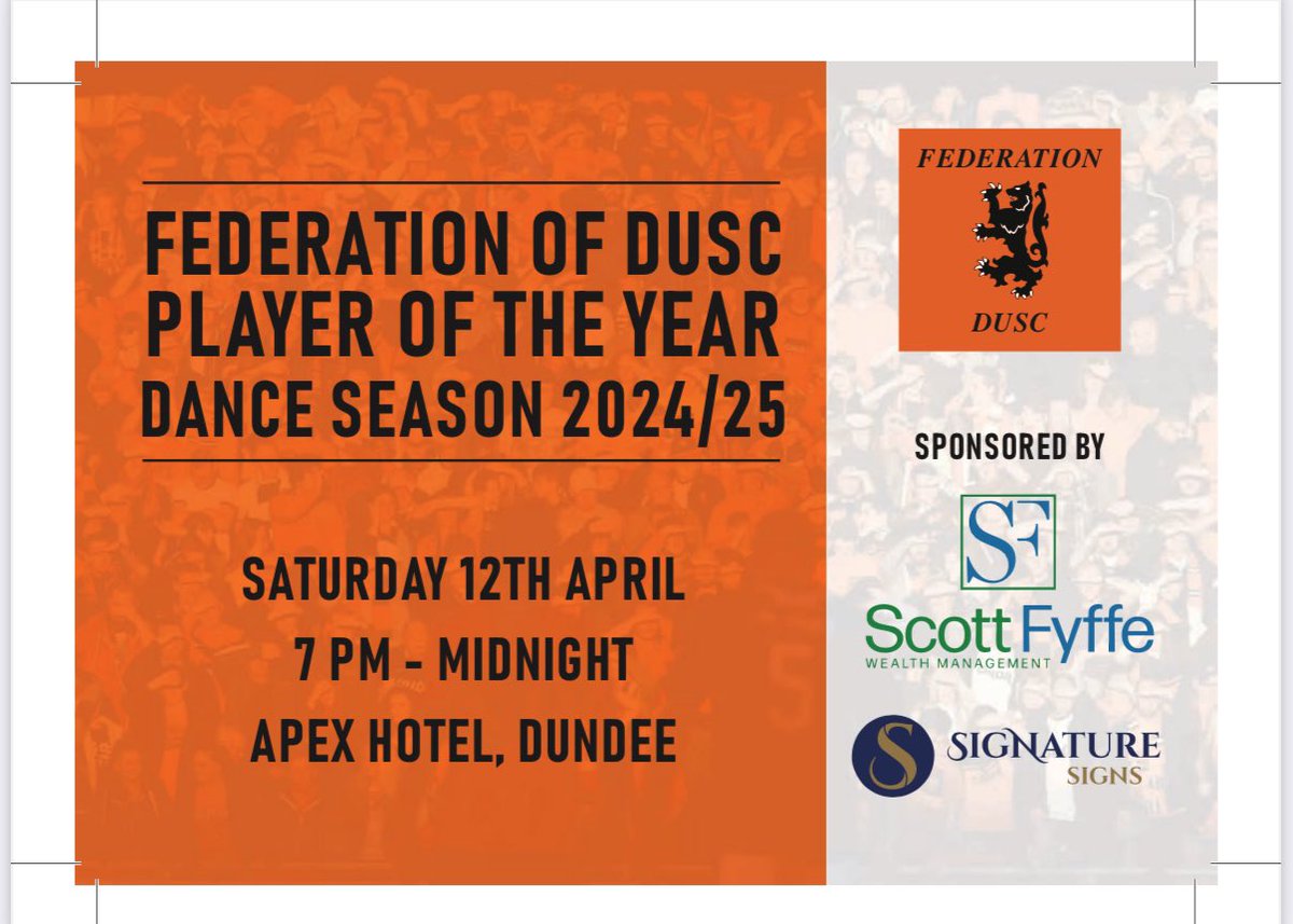 Federation of Dundee United Supporters (@feddusc) on Twitter photo We are pleased to announce that <a href="/signaturesign5/">Signature Signs (Scotland) Ltd</a> and Scott Fyffe Wealth Management will be sponsoring our Player of The Year Awards on Saturday the 12th of April. We are pleased to announce that <a href="/signaturesign5/">Signature Signs (Scotland) Ltd</a> and Scott Fyffe Wealth Management will be sponsoring our Player of The Year Awards on Saturday the 12th of April.