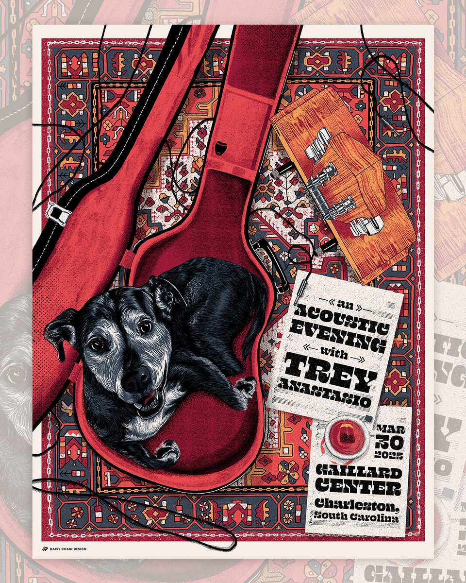 Trey Anastasio performs tonight in Charleston, SC. The show poster is by Daisy Chain Design. There will also be a limited foil variant available.