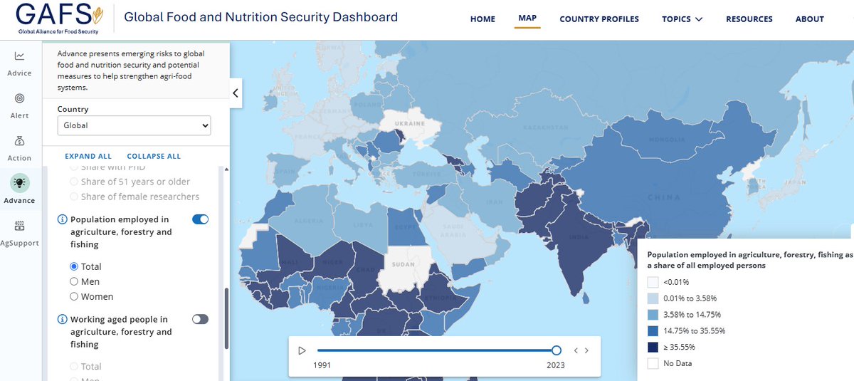WBG_AgriFood's tweet photo. The Global Food &amp; Nutrition Security Dashboard now has data on jobs in agriculture. Explore data on population employed in agriculture, forestry, fishery. Dive into interactive maps and time series charts spanning 20-25 years.

Try it out: https://t.co/uwkExiRSHO https://t.co/xho1xNUlYQ