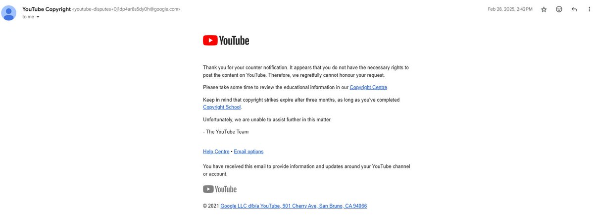 Vee_Volt's tweet photo. @TeamYouTube My counter notification has been falsely rejected. I've been on the platform for a good while now to know this isn't right. I have used the EXACT reasoning in my counter notifications in literally ALL of my copyright battles. And not ONCE when a person from YouTube actually looked at my case has it been refused. I've included below the reasoning I use, and as you can see its all for the same cases.

I am submitting this counter-notification because I believe the takedown of my Pokémon manga videos was made in error. My videos fall under fair use as defined by Section 107 of the Copyright Act of 1976. The content I uploaded is transformative in nature and does not act as a replacement or alternative to the original manga. The videos provide commentary and explanation, with the original material serving only as visual reference to support my points. To ensure compliance with copyright guidelines, I purposefully blot out manga panels, making them entirely illegible as well as adding screen tones. This prevents the content from serving as a substitute for the original work as well as forcing viewers to focus on my commentary above all else I also feature my own thoughts and opinions in these videos on the content I'm talking about Furthermore, I consistently remind my audience that my videos are not an alternative to the official material and encourage them to support the creators by purchasing the original manga. Under the fair use doctrine, content used for criticism, commentary, and educational purposes is protected. My videos meet these criteria and do not harm the market for the original work. I respectfully request that my videos be reinstated, as they clearly fall within the bounds of fair use. Thank you for your attention to this matter.

You guys even even emailed saying my counters were forwarded then days later replied to your email and said that now its been rejected,
Your copyright team has continued to refuse to forward my counter notification to the claimant. All while YouTube continues to INSIST they do not mediate in copyright disputes. The definition of mediate by the way is, “intervene between people in a dispute in order to bring about an agreement or reconciliation”. You are LITERALLY doing the EXACT DEFINITION OF MEDIATION! It is not for YouTube to decide what is and is not fair use. That is a matter for the courts to decide. You are interfering with the proceedings of a legal battle you have no standing in. 

Every time a rejection is sent it is literally the same copy and paste reply, tells me or at the very least gives the impression that there isn’t a person actually checking my case, and it is being auto rejected regardless of how much of an injustice it is. If I TRULY do not have the legal rights to dispute this claim and my reasoning is not sufficient then please share with me EXACTLY what is lacking where previously it was not. That clarity will not only help me but the hundreds of other creators who make similar videos.

I have attached 3 screenshots of emails from the past where I used the above reasoning one of which was for a video that was supposedly forwarded then changed to rejected and also 1 of the current email. YouTube had no issue in sending it to the claimant. So please explain to me CLEARLY why now it’s all of a sudden not enough. For the record I have dozens if not hundreds of examples of these emails for various videos.
