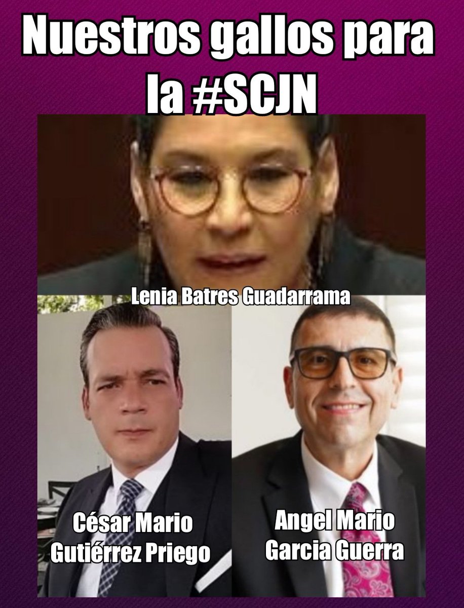 🌸 Violeta 🌸 (@violetamg10078) on Twitter photo Queridos amigos y amigas, vamos muy bien y debemos ser muy CUIDADOSOS para que votemos por una excelente #SCJN aquí nuestros candidatos <a href="/LeniaBatres/">Lenia Batres</a> , <a href="/cesargutipri/">Cesar Gutiérrez Priego M.R.</a> y <a href="/AngelMarioGar18/">Angel Mario Garcia Guerra</a> seguros ...
Y dejo este espacio para más propuestas 👍🏻🇲🇽💜🇲🇽💜🇲🇽💜🇲🇽 Queridos amigos y amigas, vamos muy bien y debemos ser muy CUIDADOSOS para que votemos por una excelente #SCJN aquí nuestros candidatos <a href="/LeniaBatres/">Lenia Batres</a> , <a href="/cesargutipri/">Cesar Gutiérrez Priego M.R.</a> y <a href="/AngelMarioGar18/">Angel Mario Garcia Guerra</a> seguros ...
Y dejo este espacio para más propuestas 👍🏻🇲🇽💜🇲🇽💜🇲🇽💜🇲🇽