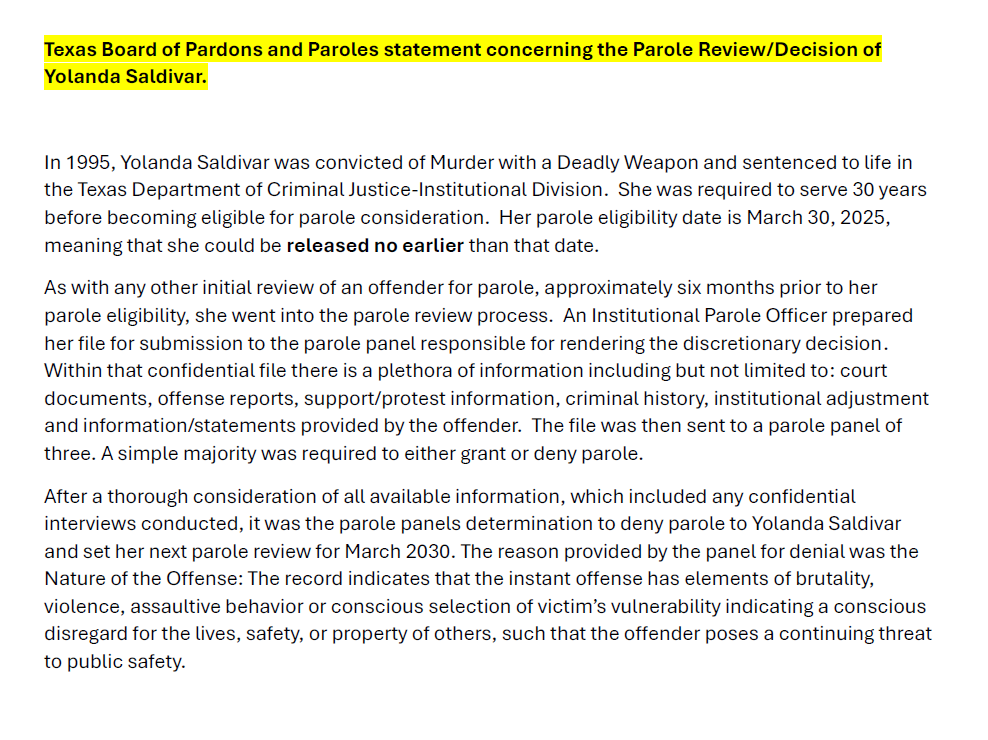 BREAKING - PAROLE DENIED for Yolanda Saldivar. 
#kens5 #selena