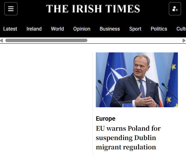 <a href="/_mullally_el_/">Elaine Mullally ☘️</a> Fear mongering &amp; disinformation in Irish Times headline. It's a warning, from the EU. It phrases "right to apply for asylum" as "migrant regulation".
BBC
"Poland suspends migrants' right to apply for asylum"
Irish Times
"EU warns Poland for suspending Dublin migrant regulation"