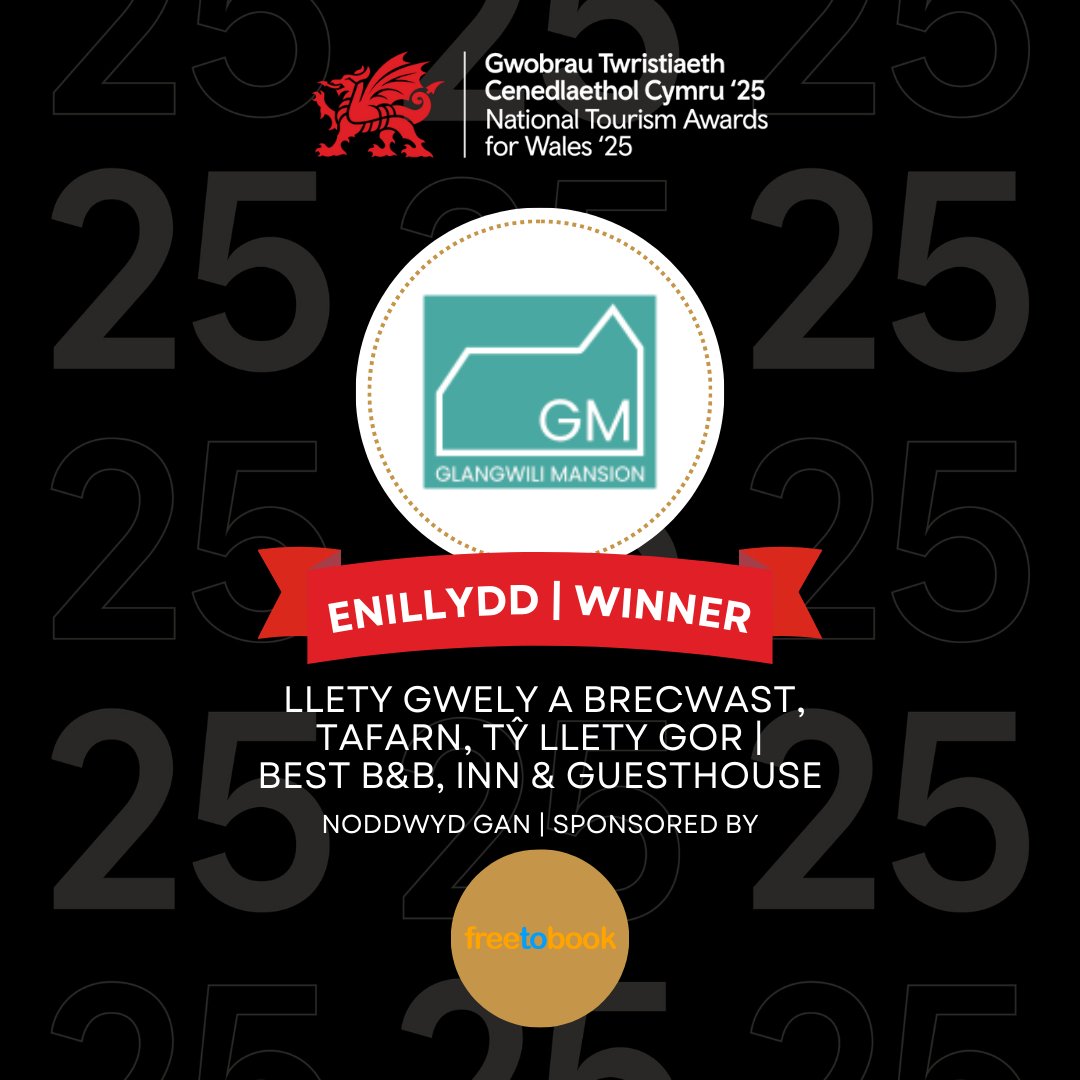 GTC2025's tweet photo. Rydym yn falch iwan o gyhoeddi mai enillydd y categori Llety Gwely a Brecwast, Tafarn, Tŷ Llety Gorau yw Glangwili Mansion. Longyfarchiadau!

@freetobook

@VisitWalesBiz @NWTBiz 
#GwobrauCC #NawddCC #DigwyddiadauCC #GTCCymru25 https://t.co/2fUBmjuneq