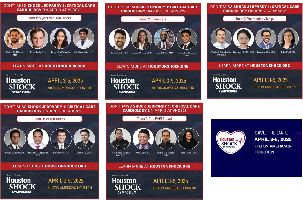 Nadeen N. Faza, M.D. (@nadeenfaza) on Twitter photo #HSS25 Houston Shock Jeopardy is back this year! Join us on Thursday 4/3 at noon for the 💥SHOCK JEOPARDY: Critical Care Cardiology 💥in collaboration with the <a href="/SocietyOfCCC/">Society Of Critical Care Cardiology</a>!
Five teams will go head-to-head in a dynamic and engaging competition, testing their knowledge on the #HSS25 Houston Shock Jeopardy is back this year! Join us on Thursday 4/3 at noon for the 💥SHOCK JEOPARDY: Critical Care Cardiology 💥in collaboration with the <a href="/SocietyOfCCC/">Society Of Critical Care Cardiology</a>!
Five teams will go head-to-head in a dynamic and engaging competition, testing their knowledge on the