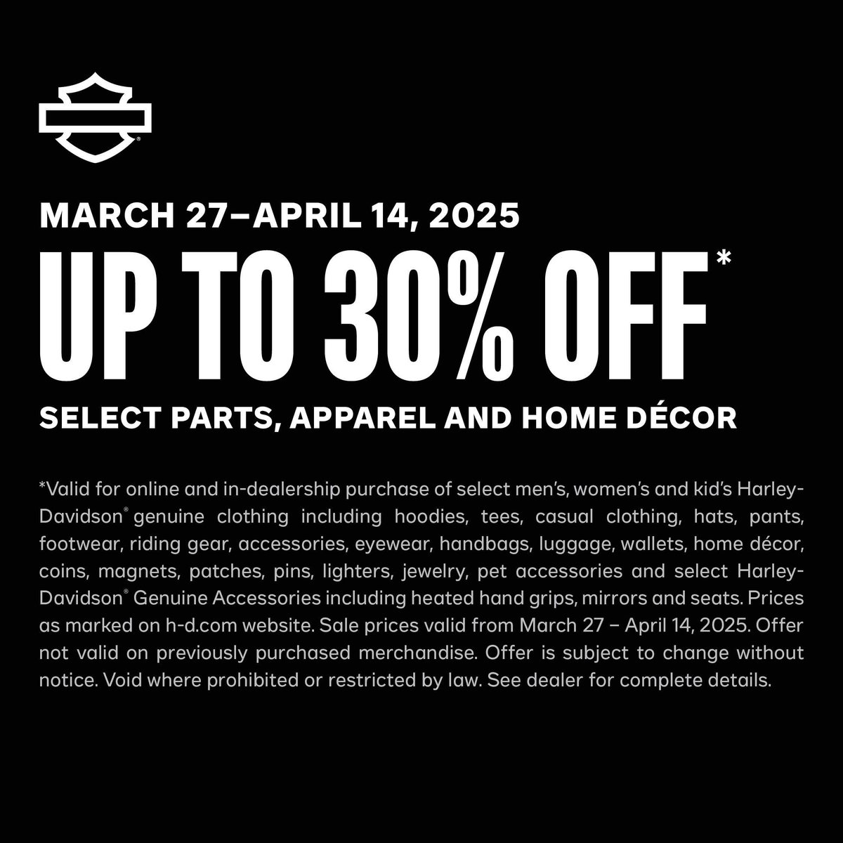 Get Ready to Ride! Stop into Las Vegas Harley-Davidson and get up to 30% off on select parts, apparel, and home decor. Now is the time to gear up for this year's riding season. 

#Harleydavidson #HD #apparel #motorcycles #MotorClothes #LasVegas #Vegas #RideAllDay #PlayAllNight