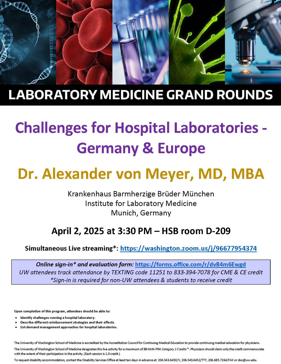 Join us for #laboratorymedicine #grandrounds "Challenges for Hospital Laboratories- Germany &amp; Europe" on Wed, April 2nd at 3:30pm PT  Learn more: dlmp.uw.edu/events?trumbaE………………………… #MedEd #MedX