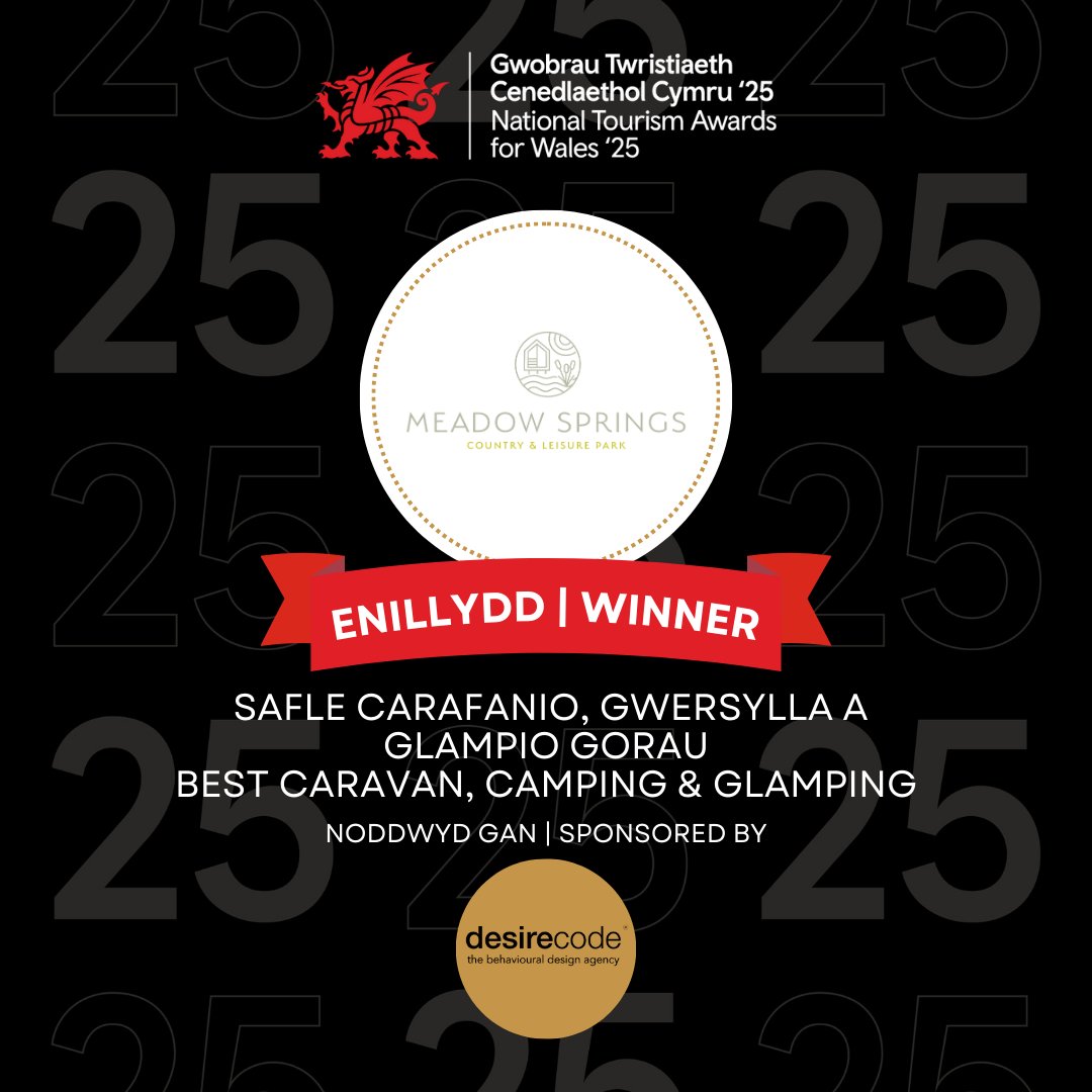 WalesTAwards's tweet photo. We are delighted to announce that the winner of the Best Caravan, Camping &amp; Glamping category is @meadow_springs. Congratulations!

@HelloDesireCode 
@VisitWalesBiz @NWTBiz
#TourismAwardsforWales #WalesTourismAwards #Awards #ntawales25 https://t.co/TTEqYHA6T0