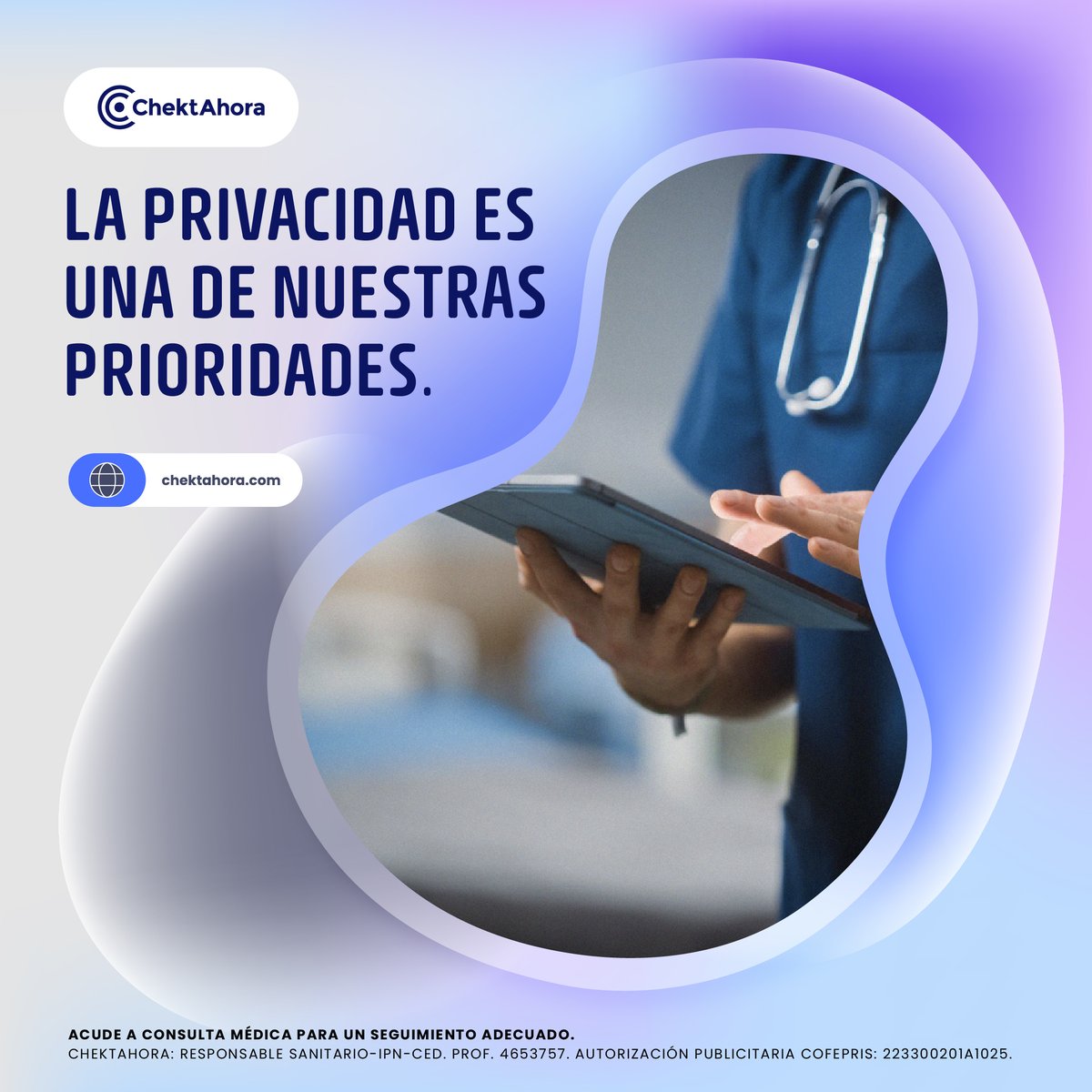🌎 En un mundo donde los datos personales son más importantes que nunca, nos aseguramos de que tu información médica esté protegida en todo momento. Por ello contamos con un equipo comprometido con el manejo confidencial de cada muestra y resultado. 🤐
 
#ChektAhora #Prevención