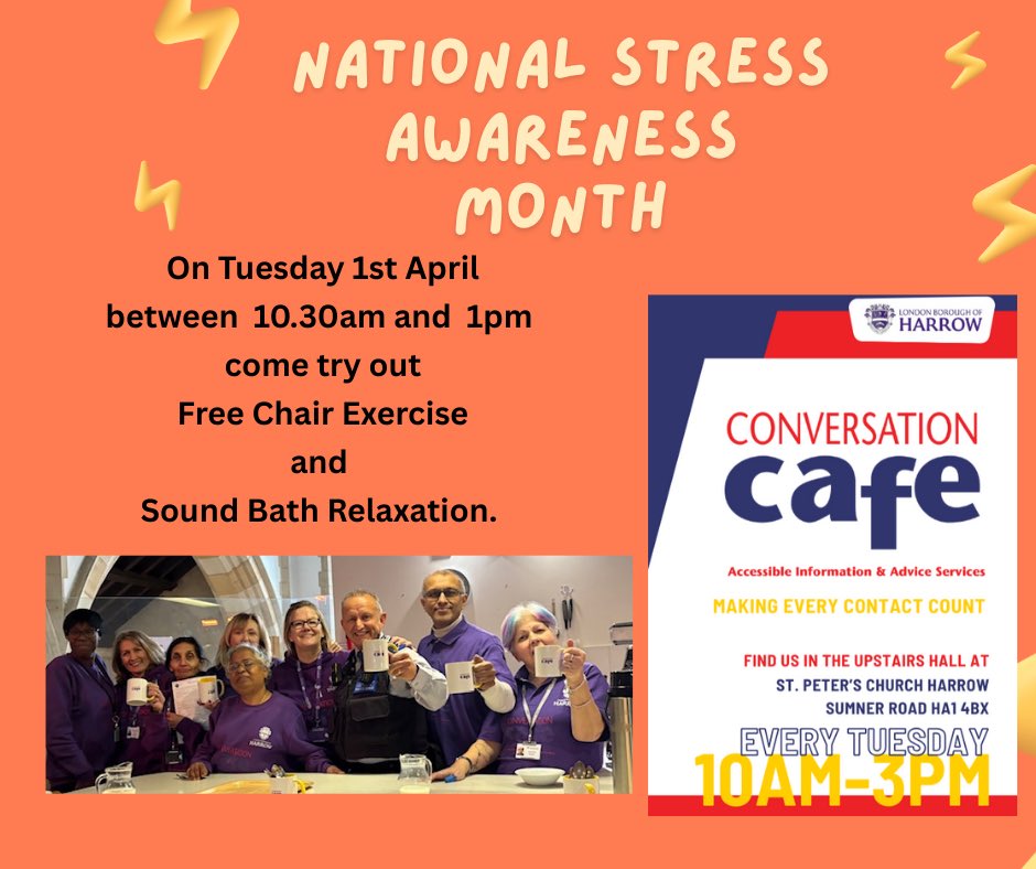 North Harrow Community Library (@nharrowlibrary) on Twitter photo April is Stress Awareness month
In conjunction with <a href="/harrow_council/">London Borough of Harrow</a> Conversation Cafe team we arranged
Free taster sessions of Chair Exercise and Sound Bath relaxation on
Tuesday 1st April
St Peter’s Church
Sumner Road
West Harrow
HA1 4BX
👇👇 April is Stress Awareness month
In conjunction with <a href="/harrow_council/">London Borough of Harrow</a> Conversation Cafe team we arranged
Free taster sessions of Chair Exercise and Sound Bath relaxation on
Tuesday 1st April
St Peter’s Church
Sumner Road
West Harrow
HA1 4BX
👇👇