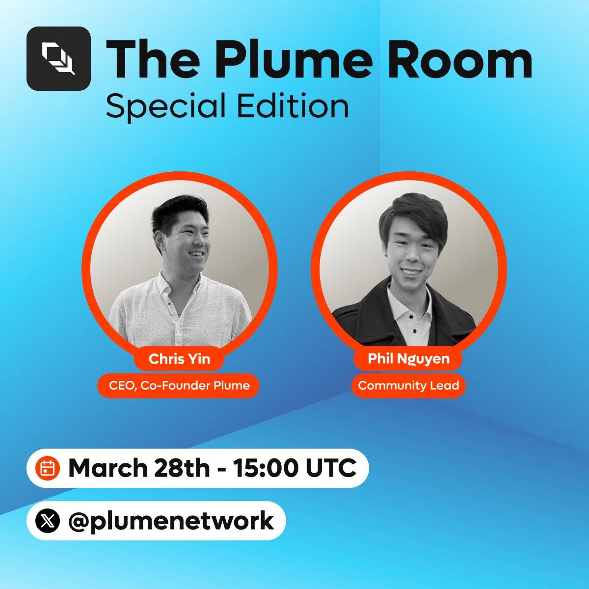 Join <a href="/blockchainphyn/">Phyn</a> as he sits down with <a href="/chriseyin/">Chris Yin</a> on a special broadcast edition of The Plume Room!

They'll be tackling the most pressing questions about Plume’s vision, the integration of RWAs into DeFi, and what’s coming next.

🗓️ March 28th, 15:00 UTC