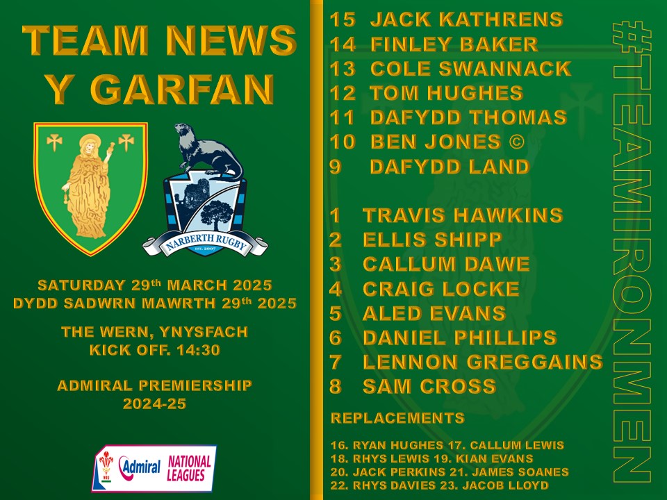 #TeamNews 

Our ##Ironmen23  ahead of Saturday's league fixture againat #TheOtters of <a href="/Narberth_RFC/">Narberth Otters RFC</a>

Come along and support the boys!

<a href="/Narberth_RFC/">Narberth Otters RFC</a>
📆 29th March 2025
🕝 2.30pm
📍 The Wern
🏆 <a href="/AdmiralUK/">Admiral</a> Premiership

#TeamIronmen🖤💛💚