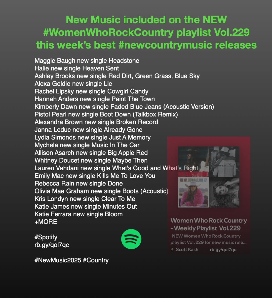 ScottKash88's tweet photo. New Music included on the NEW #WomenWhoRockCountry playlist Vol.229 this week’s best #newcountrymusic 

@rachellipsky
@HannahAnders
@officialkimdawn
@AlexandraB913
@lydiasimonds
@mychelasmusic
@allisonasarch
@WhitDoucet
@emilymacmusic
@RRainmusic
@OMGmusic15
@TheKrisLondyn https://t.co/dLj3PZRyGB