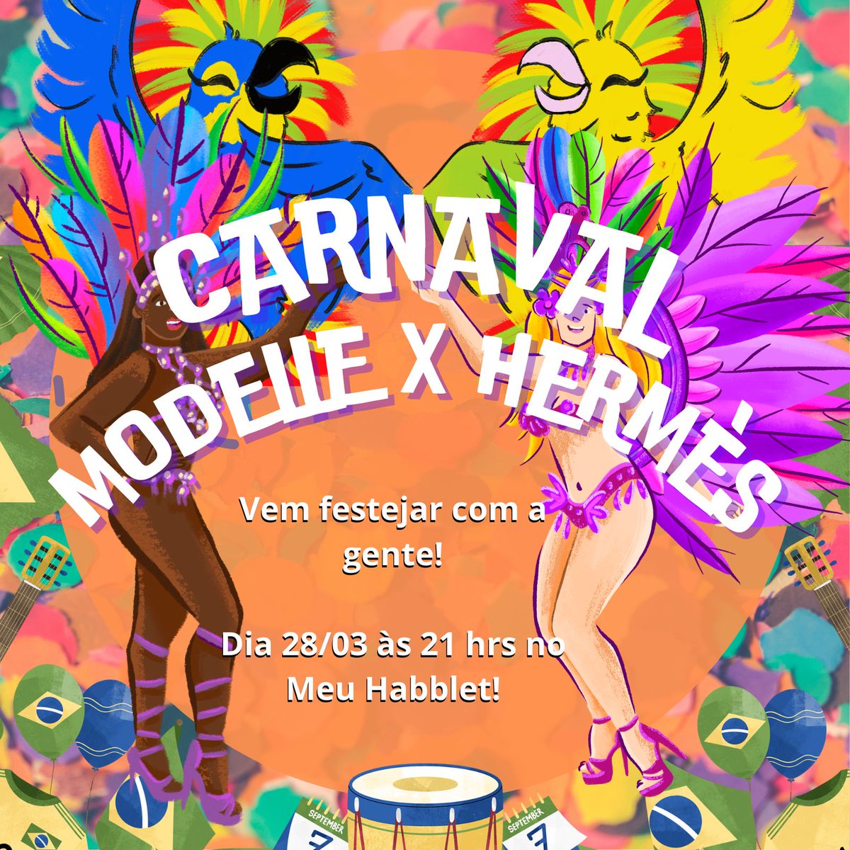 A Modelle junto a Hermes convidam você para nosso evento de Carnaval, coloque seu look carnavalesco e venha sambar conosco!
Esperamos todos vocês no <a href="/MeuHabblet/">Habblet</a> dia 28/03, nesta sexta-feira às 21hrs BR. para festejar e abalar geral!
