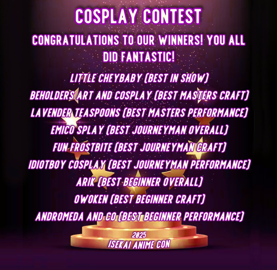 Isekai Anime Convention (@isekaianimecon) on Twitter photo Congratulations to our incredible cosplay contest winners at Isekai Anime Con 2025!
We also want to give a special shoutout and thank you to <a href="/fanxsaltlake/">FanX® Salt Lake Comic Convention™</a> for their generous sponsorship of tickets to their 2025 show!
#IsekaiAnimeCon #animeconvention #fanx #cosplaycontest Congratulations to our incredible cosplay contest winners at Isekai Anime Con 2025!
We also want to give a special shoutout and thank you to <a href="/fanxsaltlake/">FanX® Salt Lake Comic Convention™</a> for their generous sponsorship of tickets to their 2025 show!
#IsekaiAnimeCon #animeconvention #fanx #cosplaycontest
