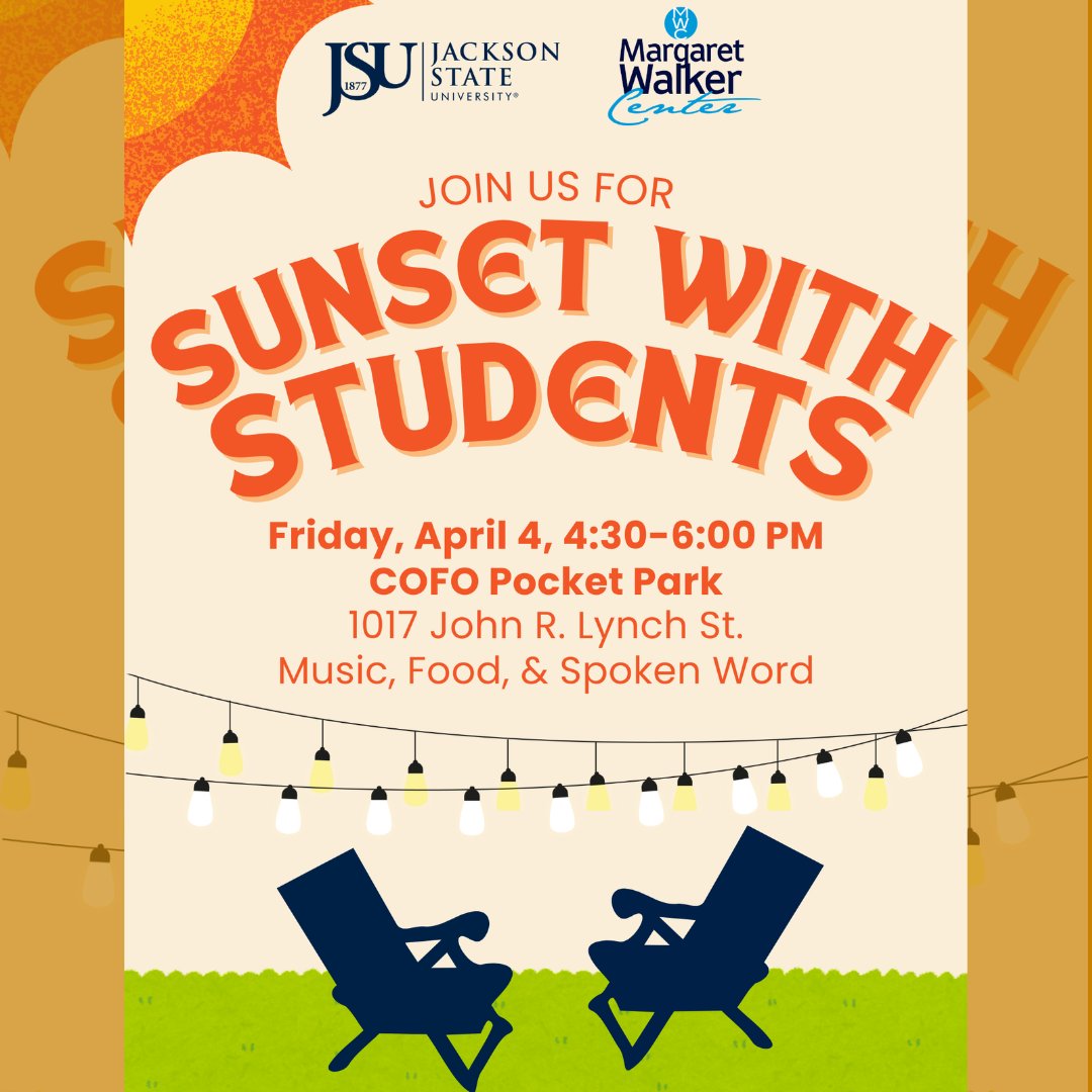 Join us on Friday, April 4, at 4:30 p.m. for Sunset with Students! The reception is sponsored by JSU President Dr. Marcus L. Thompson and will take place in the  COFO Pocket Park immediately following our CASE Festival's opening panel, Remembering Emmet Till 70 Years Later.