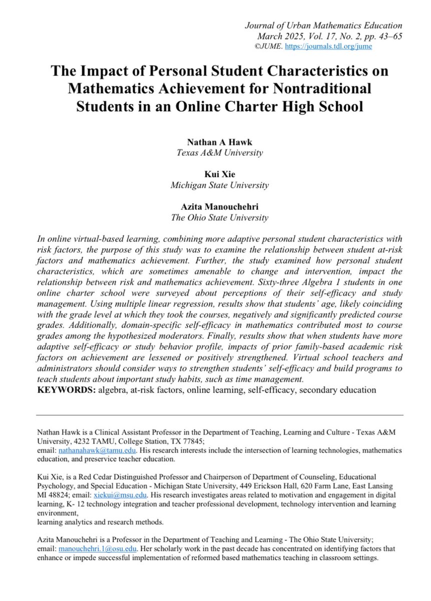 Kui Xie 谢魁 (@kuixiephd) on Twitter photo So happy to see this publication finally came out. <a href="/hawk_nathanA/">Nathan A Hawk</a>’s dissertation study that examined the relationship between personal student characteristics and math learning in an online charter high school! jume-ojs-tamu.tdl.org/jume/article/v… So happy to see this publication finally came out. <a href="/hawk_nathanA/">Nathan A Hawk</a>’s dissertation study that examined the relationship between personal student characteristics and math learning in an online charter high school! jume-ojs-tamu.tdl.org/jume/article/v…