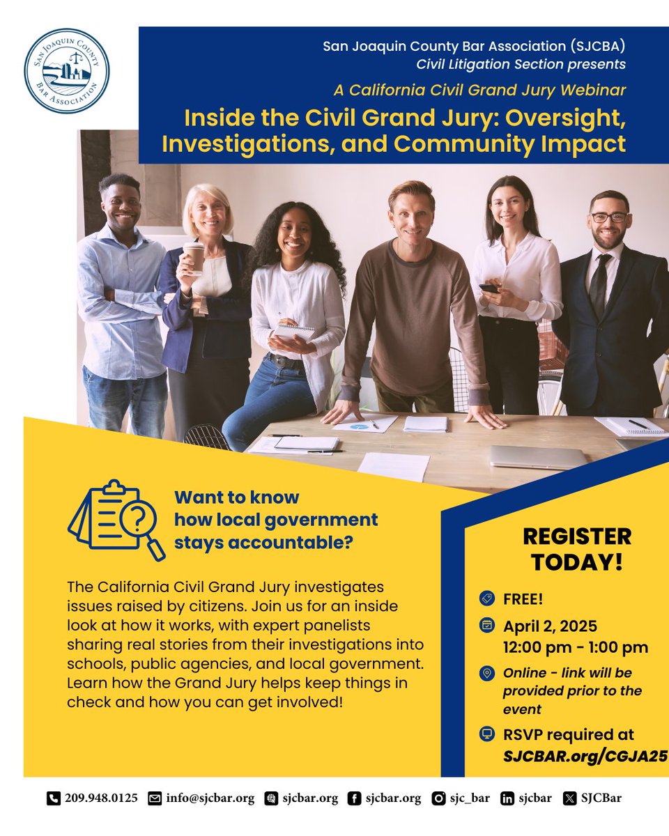 Curious how local government stays accountable? 🤔

Join us for a FREE California Civil Grand Jury Webinar and learn how you can get involved in making a difference! Register at sjcbar.org/CGJA25.

#SJCBA #SJCBAR
#CivilGrandJury
#CivicEngagement
#LocalGov