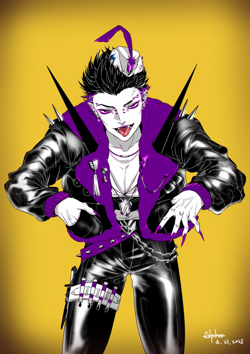 #tfp  #Transformers 
Human Skywarp
TFP闹翻天拟人注意
是疯批美人也是笨蛋美人

跟红蜘蛛和惊天雷比起来穿着更随便，飞行员皮衣＋亮皮裤，身上带了很多不符合军队着装规范的小零件（帽子上的队章是惊天雷给的，胸前红蜘蛛颁发给他的奖章），帽子上的羽毛总是乱糟糟地折着，脸上打了很多钉子。