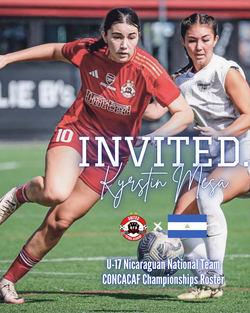 𝗜𝗡𝗩𝗜𝗧𝗘𝗗‼️
​​
​​Congratulations to 𝗞𝘆𝗿𝘀𝘁𝗶𝗻 𝗠𝗲𝘀𝗮 (08G ECNL) on being chosen for the Nicaragua  U-17 WNT roster for the U-17 CONCACAF Championships next month in Trinidad &amp; Tobago! #united4life #UFAECNL