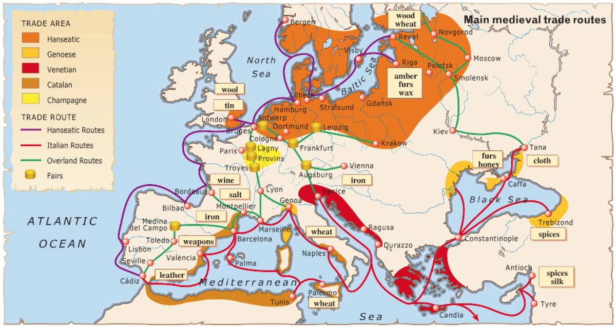 An interesting map of main medieval trade routes.

I like how this map also highlights the specific trade areas so you can see how influential Venice and Genoa were.