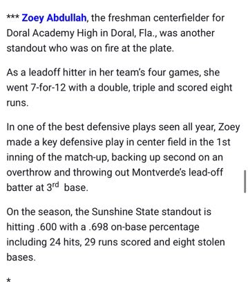 Zoey_Abdullah (@abdullahzoey) on Twitter photo Thank you <a href="/LineDsoftball/">Line Drive Media</a> for recognizing me as Honorable Mention for National High School Softball Player of the Week! <a href="/DoralSoftball/">Doral Academy Softball</a> <a href="/los_stuff/">Carlos Arias</a> Thank you <a href="/LineDsoftball/">Line Drive Media</a> for recognizing me as Honorable Mention for National High School Softball Player of the Week! <a href="/DoralSoftball/">Doral Academy Softball</a> <a href="/los_stuff/">Carlos Arias</a>