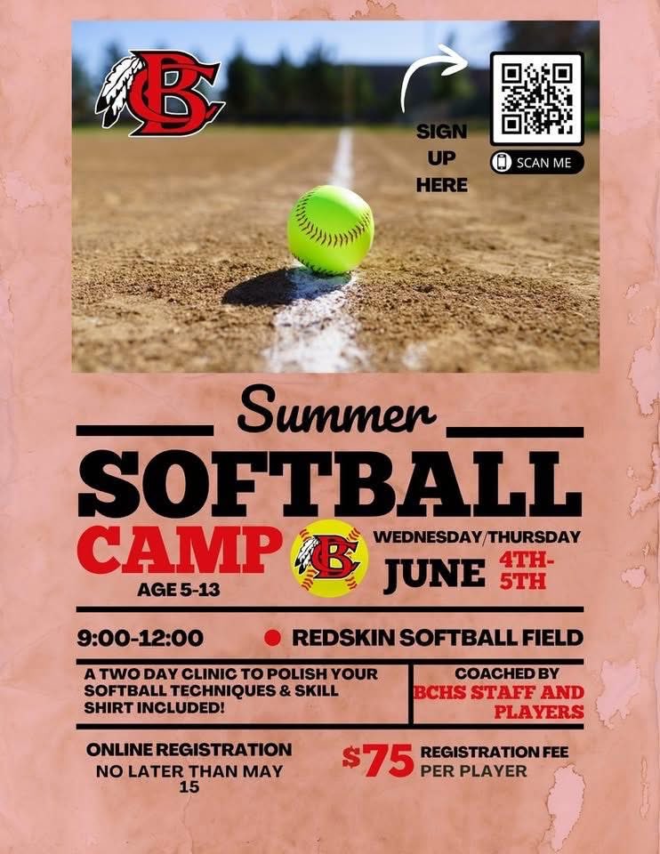 BCladyredskins's tweet photo. Here it is! Summer camp is back at Redskin field and we are ready to play some ball! Deadline to sign up is May 15th! Scan the QR code to register! See y’all soon! ❤️🥎🖤  

📍Redskin Field
🗓️June 4th &amp; 5th
⏰ 9:00-12:00
💰$75- tshirt is included! https://t.co/xo5ZG67L9l