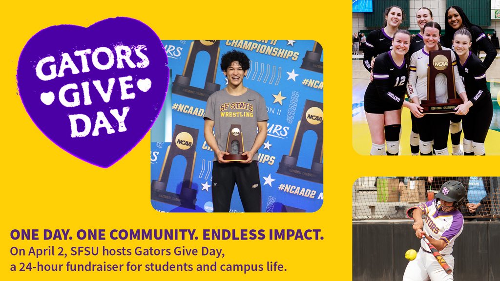 One Day. One Community. Endless Impact. On April 2, <a href="/SFSU/">SF State</a> hosts #GatorsGiveDay, a 24-hour fundraiser for students and campus life.

givecampus.com/ai2wwh