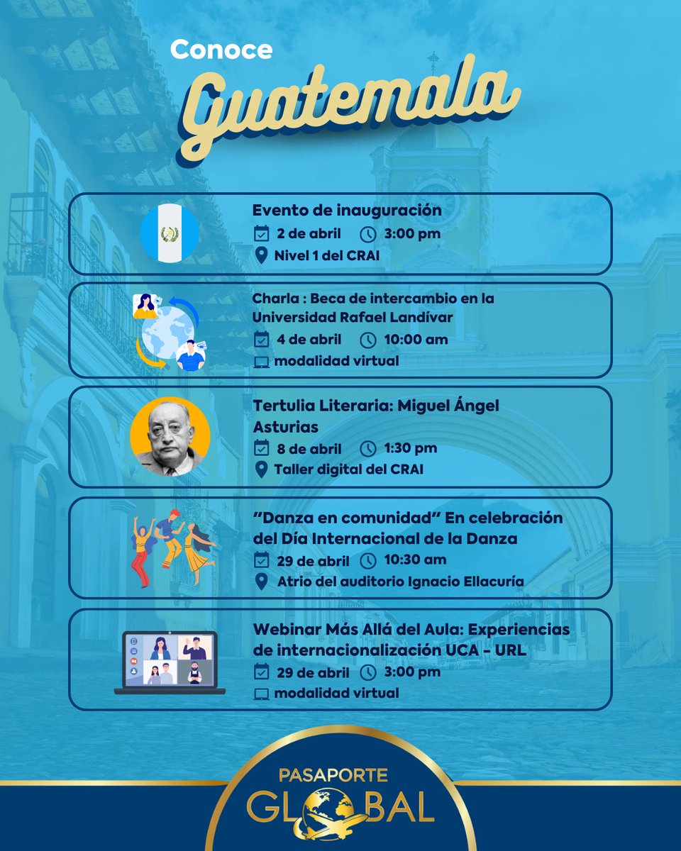 ¡Equipaje listo y #PasaporteGlobalUCA en mano! 
Nos preparamos para nuestra primera escala de 2025: Guatemala.
Aquí tienes nuestro itinerario de viaje
Reserva las fechas y prepárate para vivir esta experiencia de internacionalización universitaria.