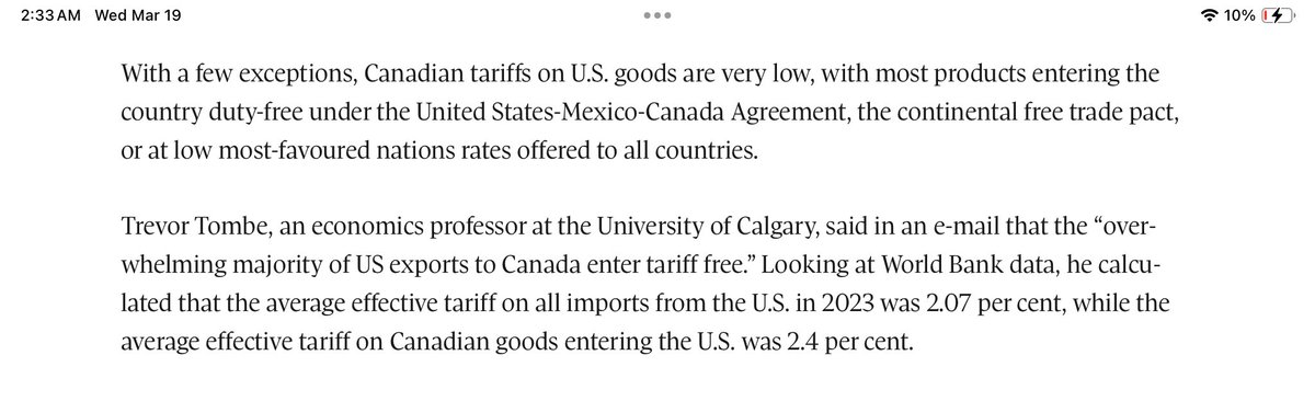 <a href="/Justin__NC/">Justin</a> <a href="/CallahanAutoCo/">Big Tom Callahan🇺🇸</a> <a href="/atrupar/">Aaron Rupar</a> I’m so sick of Americans who believe Trump’s grift.

In 2023 the effective tariff rate on goods from the US  into Canada was 2.07%. 

The effective tariff rate on goods from Canada into the US was 2.4%. 

So, what’s the issue again?

Also Canada doesn’t tariff your vehicles.
