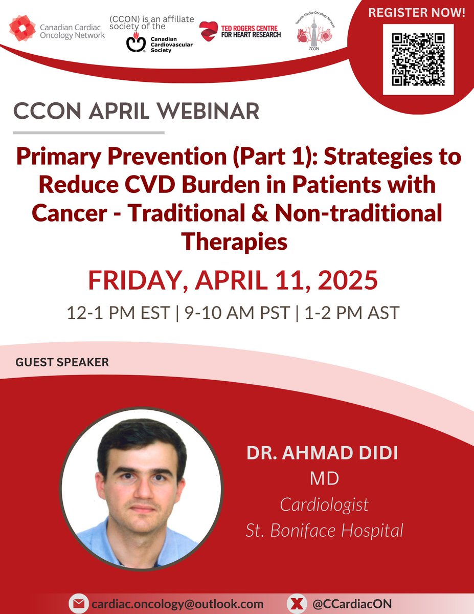 📢 Join us for the next CCON Webinar! 📢

🗓 April 11, 2025 | ⏰ 12 PM EST
🎤 Speaker: Dr. Ahmad Didi (St. Boniface Hospital)
🩺 Topic: Primary Prevention (Part 1) – Strategies to Reduce CVD Burden in Patients with Cancer 
🔗 Register now: tinyurl.com/28wt8t7z