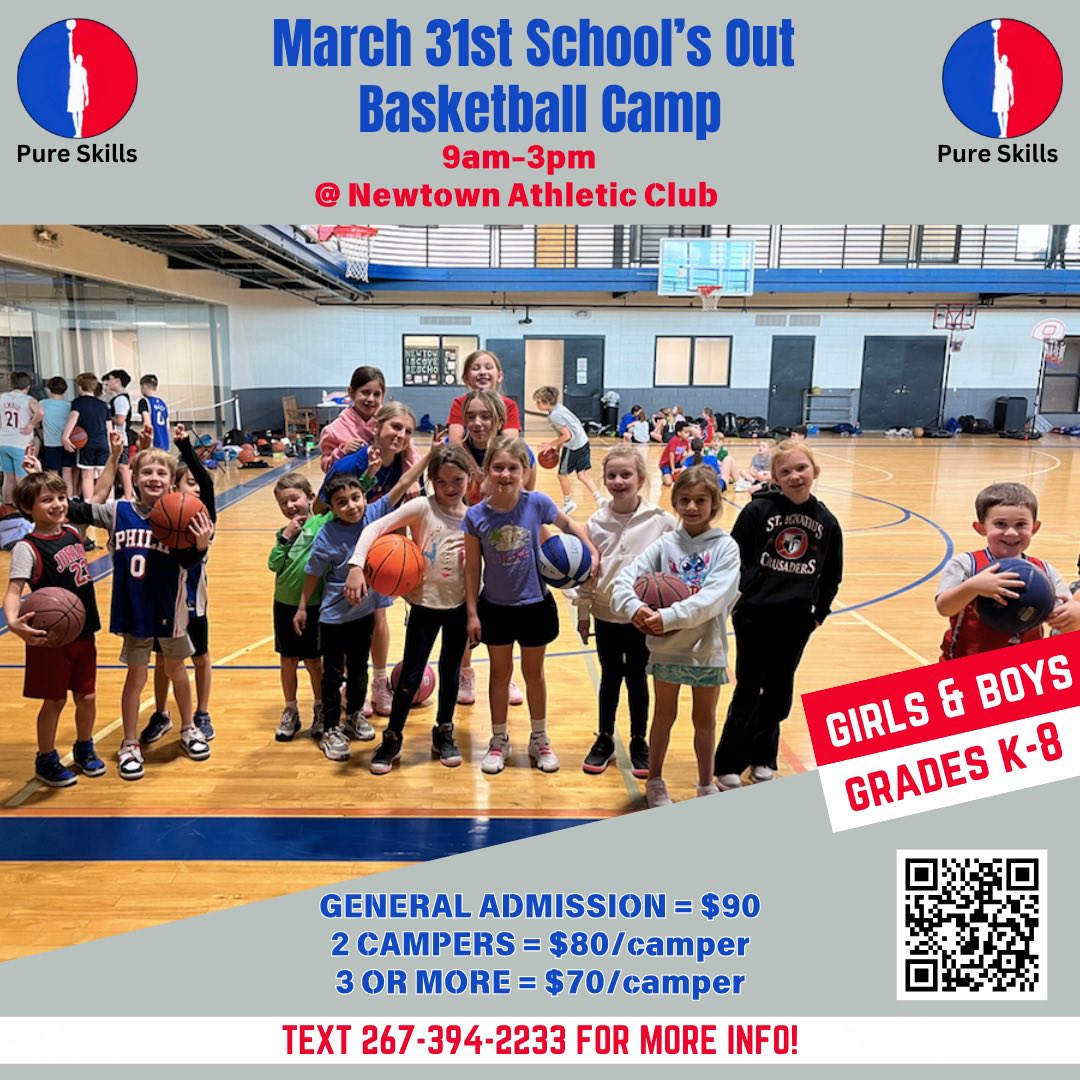 🚨SCHOOL’S OUT CAMP ON MONDAY 🚨 

🏀 March 31
🏀 9am-3pm
🏀 @ the Newtown Athletic Club

A fun day of skill development, contests, competitions, trivia and fun! 

REGISTER:
forms.gle/wsCUJ3NiDGtPMH…