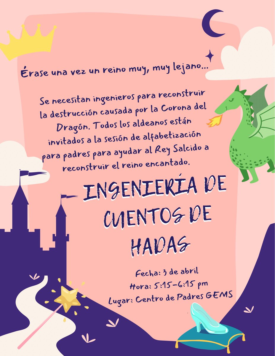 janetnatividad_'s tweet image. Once upon a time there was a kingdom far, far away…🏰🪄💫
where @GEMS_Middle students, parents, and families are invited to our Fairytale Engineering Literacy Session to help us rebuild our enchanted kingdom✨ ¡Los esperamos padres y familiar! #ParentLiteracy #LearningMadeFun…