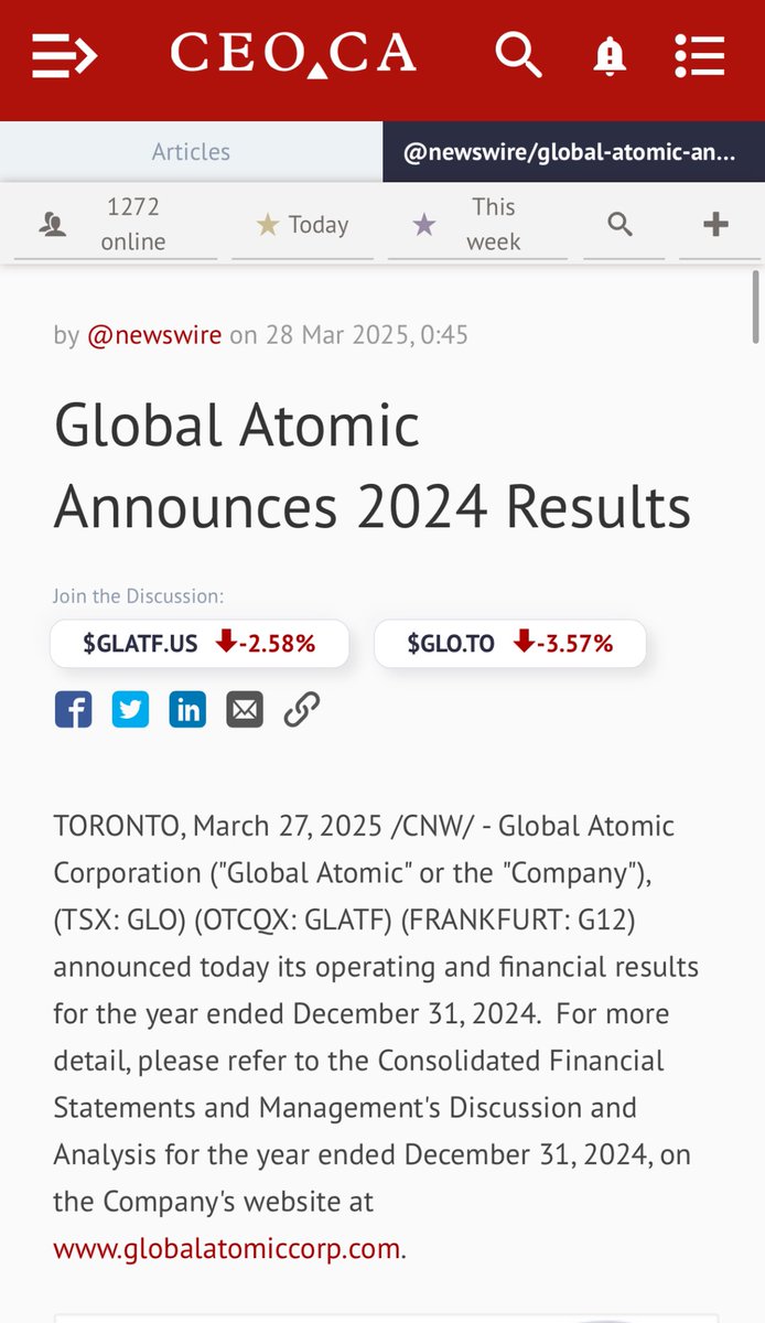 Global Atomic $GLO 2024 results and financing update is out:

Global Atomic President and CEO, Stephen G. Roman commented, "Until a financing commitment is signed, the Company will manage its spending in the near term. By managing the current cash position, we will have