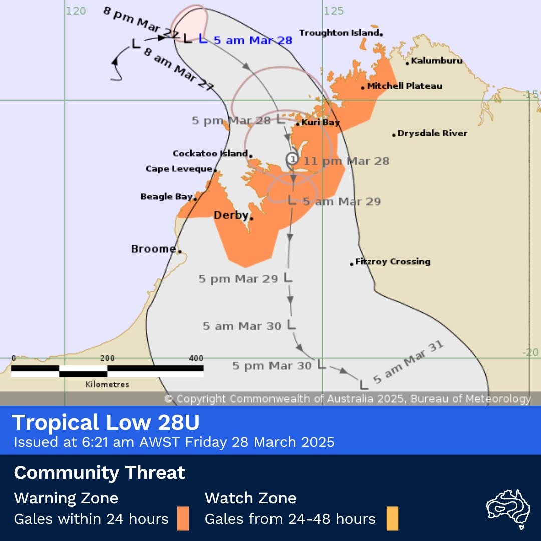 Tropical Low 28U: Tropical cyclone risk for the north-west Kimberley coast, between Troughton Island &amp; Beagle Bay.
 
Current: 6:21am AWST Fri 28 March 2025.
 
Latest Track Map: ow.ly/sTGW50Vq91O
 
Latest forecasts &amp; warnings: bom.gov.au or the BOM Weather app.
