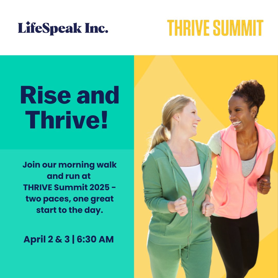 Lace up &amp; wake up with us! 👟☀️

Join us for a morning run/walk at #THRIVESummit2025 —no agenda, just fresh air &amp; great conversation.

April 2 &amp; 3 | 6:30 AM
Meet in the hotel lobby at 6:20 AM

Tag a THRIVE attendee who might want to join!

#EmployeeWellbeing #HR #LifeSpeakInc
